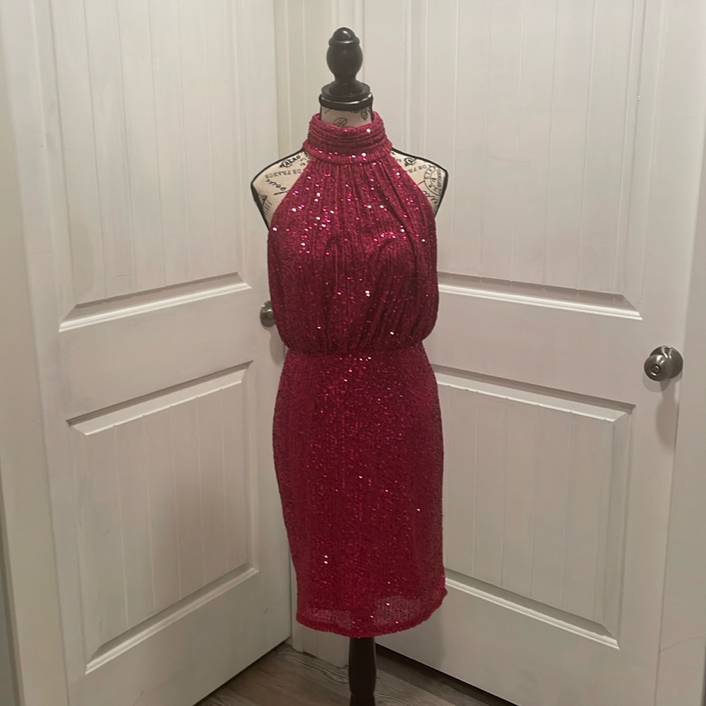 Eliza J Hot Pink Sequined High Neck Sleeveless Dress